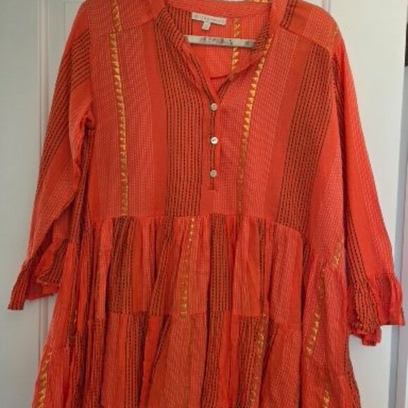 Lemonwood BOHO blouse with flared sleeve. Peplum. Orange with gold. Size S - Picture 2 of 6